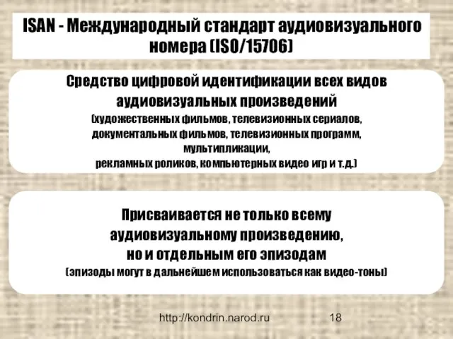 http://kondrin.narod.ru ISAN - Международный стандарт аудиовизуального номера (ISO/15706) Средство цифровой идентификации всех