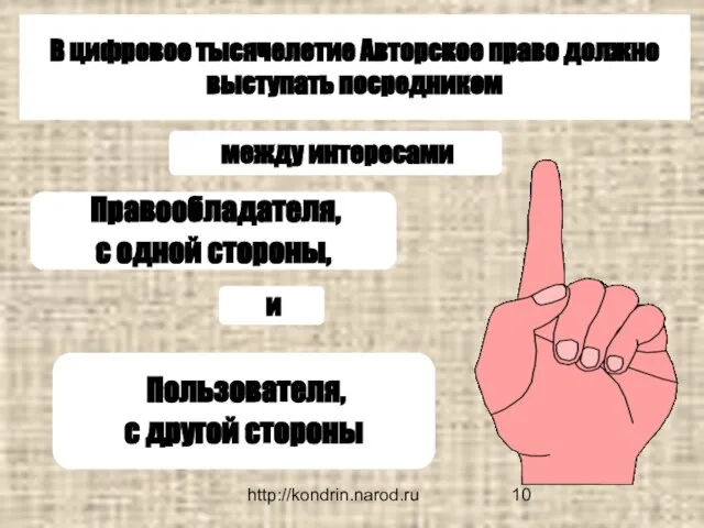 http://kondrin.narod.ru В цифровое тысячелетие Авторское право должно выступать посредником Правообладателя, с одной