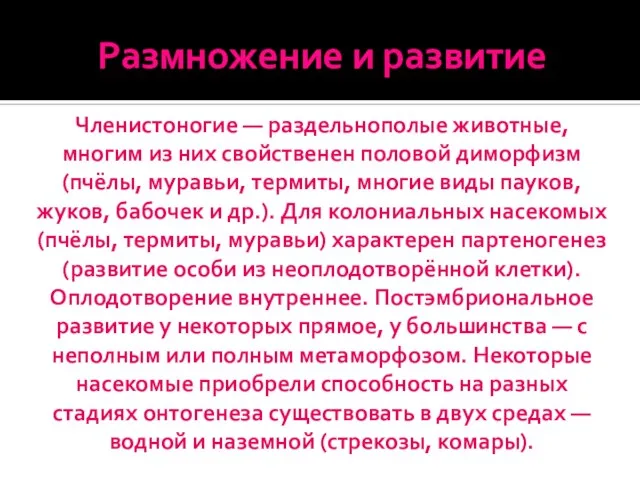 Размножение и развитие Членистоногие — раздельнополые животные, многим из них свойственен половой