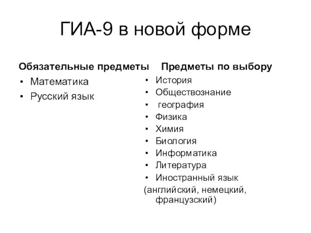 ГИА-9 в новой форме Обязательные предметы Математика Русский язык Предметы по выбору