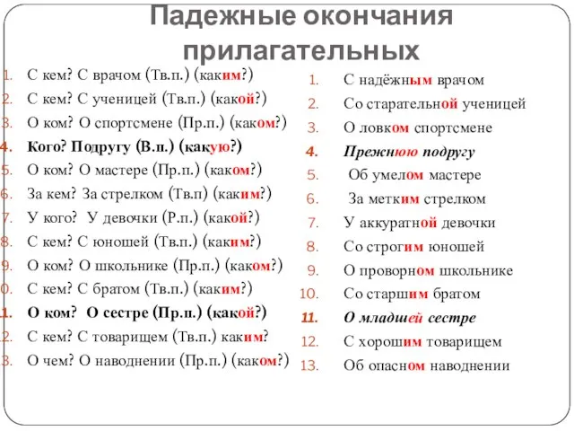 Падежные окончания прилагательных С кем? С врачом (Тв.п.) (каким?) С кем? С