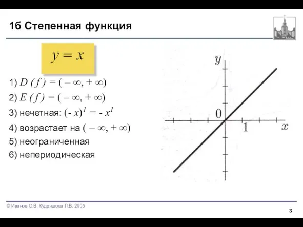 1б Степенная функция 1) D ( f ) = ( – ∞,