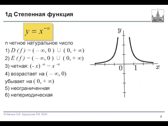 1д Степенная функция n четное натуральное число 1) D ( f )