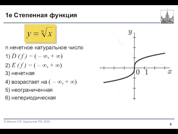 1е Степенная функция n нечетное натуральное число 1) D ( f )