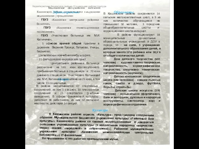 Характеристика Кашинского района / Социальная инфраструктура Спорт В районе насчитывается 47 спортивных