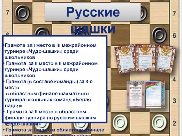 Русские шашки Грамота за I место в III межрайонном турнире «Чудо-шашки» среди