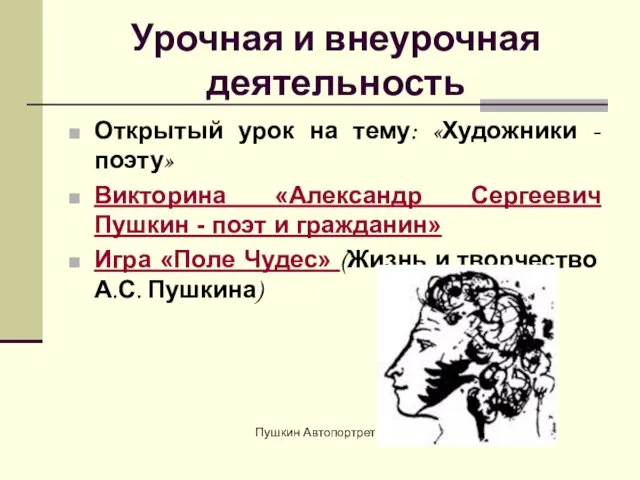 Урочная и внеурочная деятельность Открытый урок на тему: «Художники -поэту» Викторина «Александр