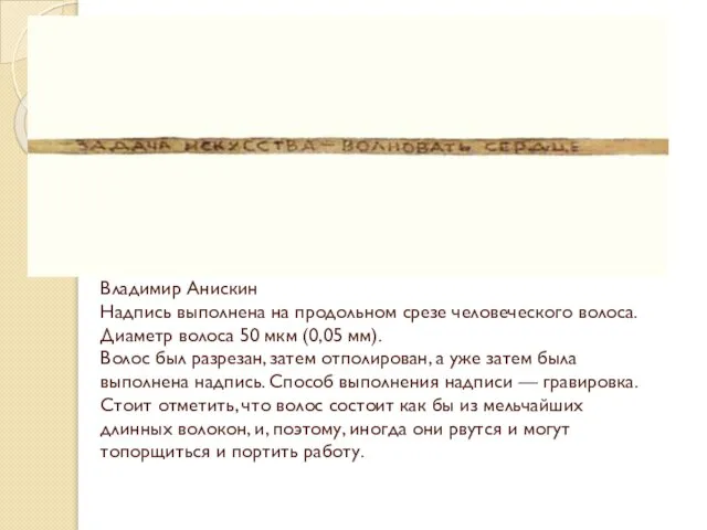 Владимир Анискин Надпись выполнена на продольном срезе человеческого волоса. Диаметр волоса 50