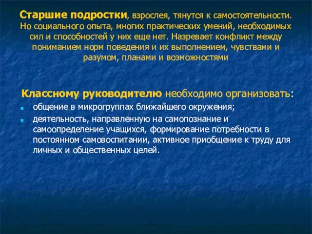 Старшие подростки, взрослея, тянутся к самостоятельности. Но социального опыта, многих практических умений,