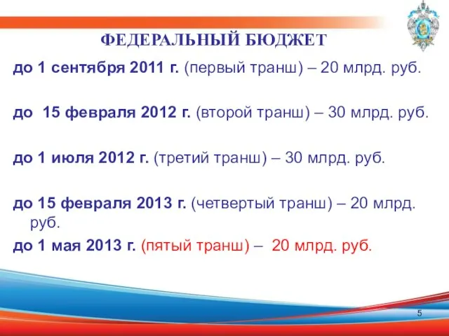 до 1 сентября 2011 г. (первый транш) – 20 млрд. руб. до