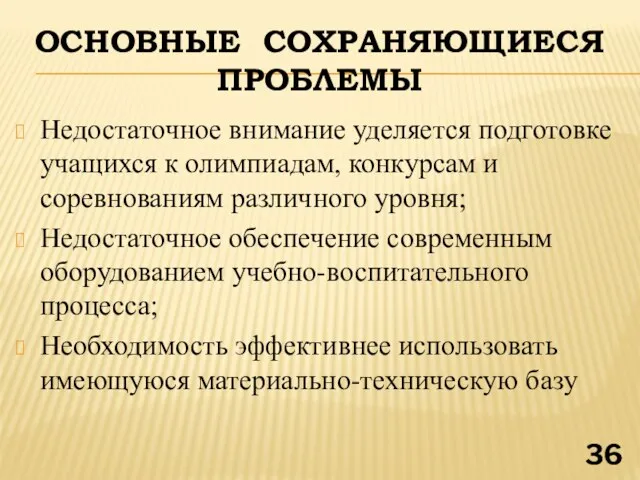 ОСНОВНЫЕ СОХРАНЯЮЩИЕСЯ ПРОБЛЕМЫ Недостаточное внимание уделяется подготовке учащихся к олимпиадам, конкурсам и