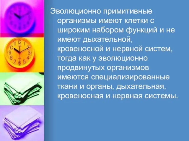 Эволюционно примитивные организмы имеют клетки с широким набором функций и не имеют