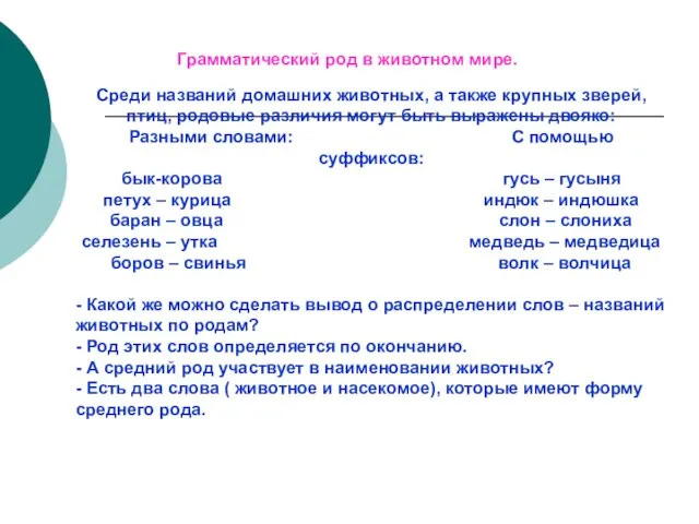 Грамматический род в животном мире. Среди названий домашних животных, а также крупных