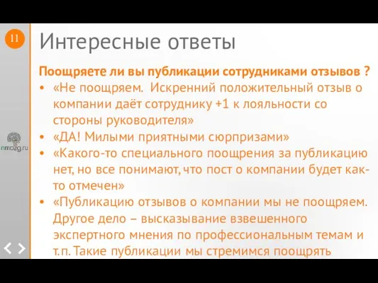 Интересные ответы Поощряете ли вы публикации сотрудниками отзывов ? • «Не поощряем.