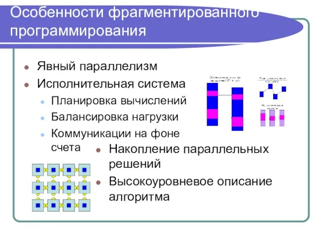 Особенности фрагментированного программирования Явный параллелизм Исполнительная система Планировка вычислений Балансировка нагрузки Коммуникации