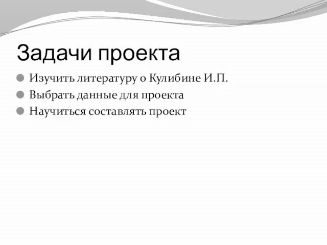 Задачи проекта Изучить литературу о Кулибине И.П. Выбрать данные для проекта Научиться составлять проект