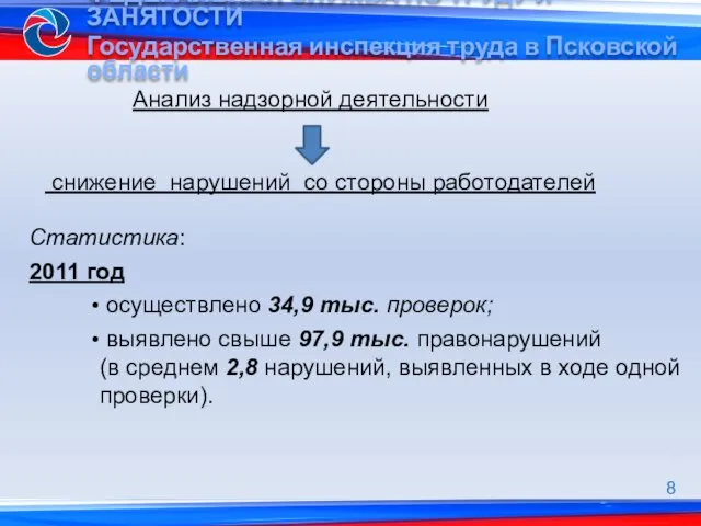 Анализ надзорной деятельности 8 Статистика: 2011 год осуществлено 34,9 тыс. проверок; выявлено