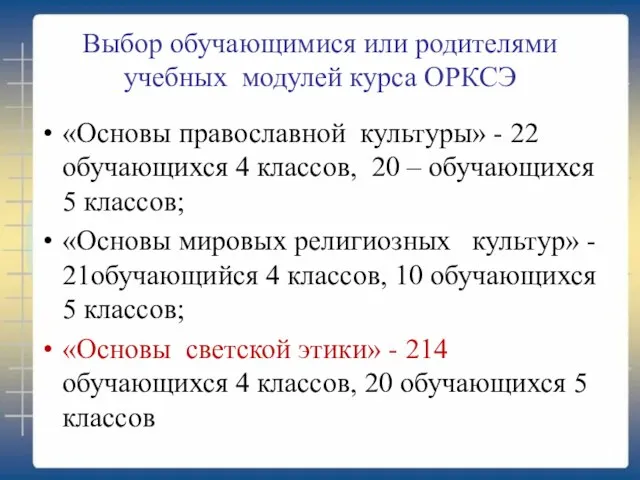 Выбор обучающимися или родителями учебных модулей курса ОРКСЭ «Основы православной культуры» -