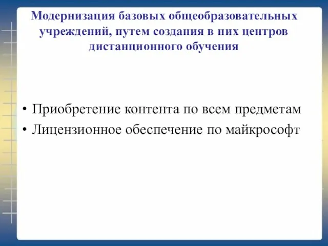 Модернизация базовых общеобразовательных учреждений, путем создания в них центров дистанционного обучения Приобретение