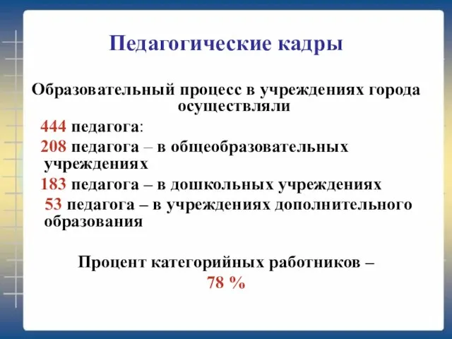 Педагогические кадры Образовательный процесс в учреждениях города осуществляли 444 педагога: 208 педагога