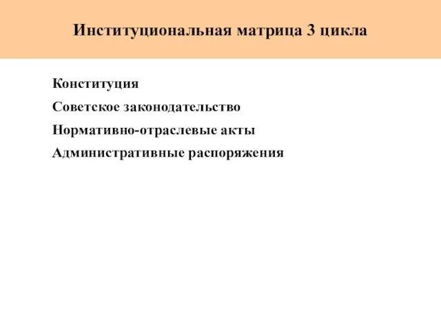 Институциональная матрица 3 цикла Конституция Советское законодательство Нормативно-отраслевые акты Административные распоряжения