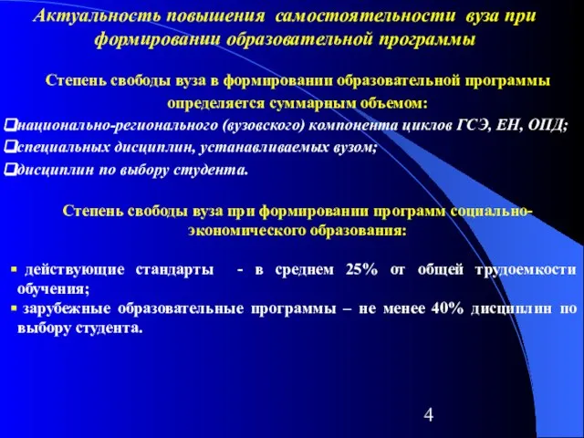 Актуальность повышения самостоятельности вуза при формировании образовательной программы Степень свободы вуза в