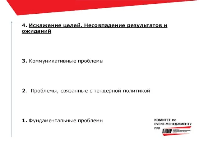 4. Искажение целей. Несовпадение результатов и ожиданий 3. Коммуникативные проблемы 2. Проблемы,