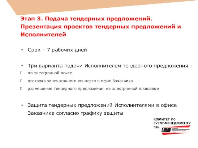 Этап 3. Подача тендерных предложений. Презентация проектов тендерных предложений и Исполнителей Срок