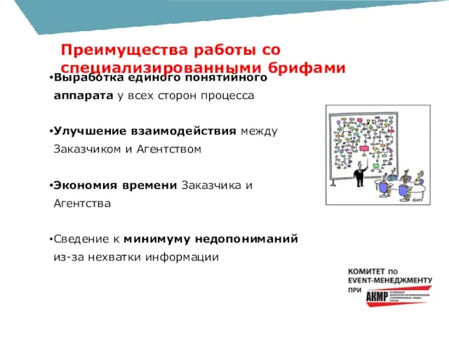 Выработка единого понятийного аппарата у всех сторон процесса Улучшение взаимодействия между Заказчиком