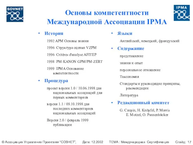 Основы компетентности Международной Ассоциации IPMA История 1992 APM Основы знания 1996 Структура