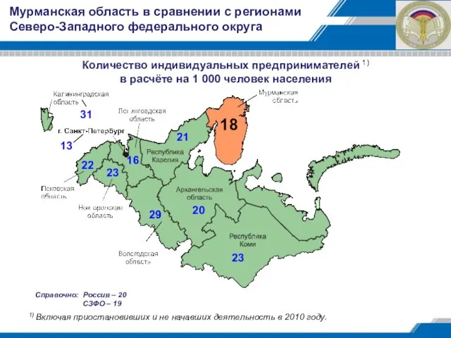 Количество индивидуальных предпринимателей 1) в расчёте на 1 000 человек населения Мурманская