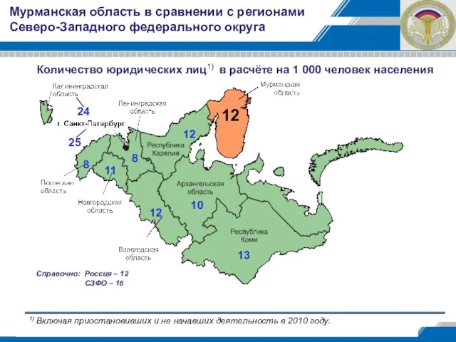 Количество юридических лиц1) в расчёте на 1 000 человек населения 13 10