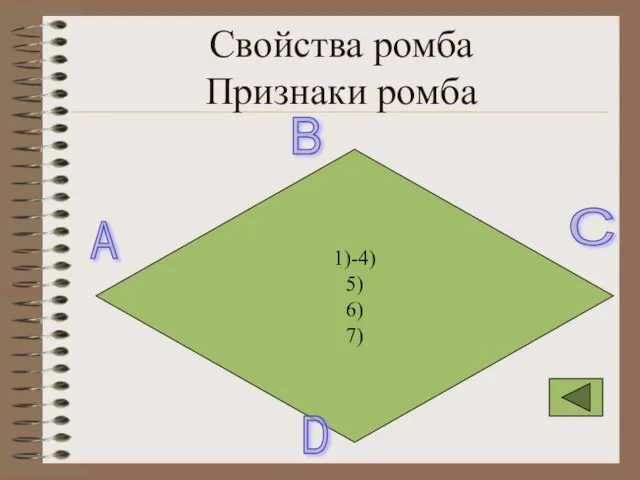 Свойства ромба Признаки ромба 1)-4) 5) 6) 7) A B C D