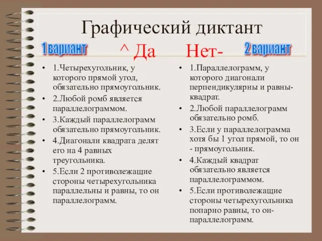 Графический диктант ^ Да Нет- 1.Четырехугольник, у которого прямой угол, обязательно прямоугольник.