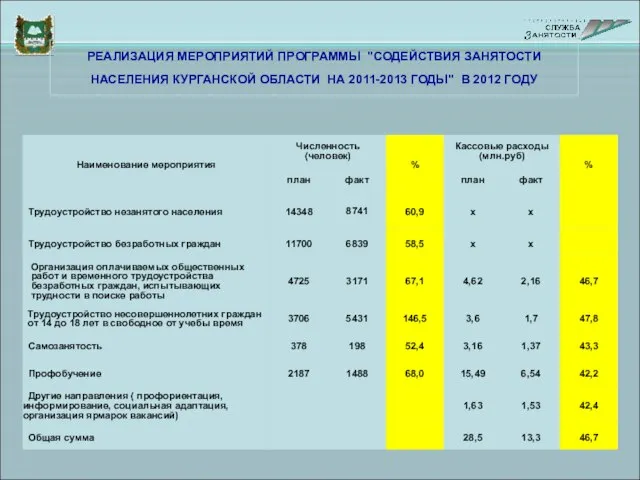 РЕАЛИЗАЦИЯ МЕРОПРИЯТИЙ ПРОГРАММЫ "СОДЕЙСТВИЯ ЗАНЯТОСТИ НАСЕЛЕНИЯ КУРГАНСКОЙ ОБЛАСТИ НА 2011-2013 ГОДЫ" В 2012 ГОДУ