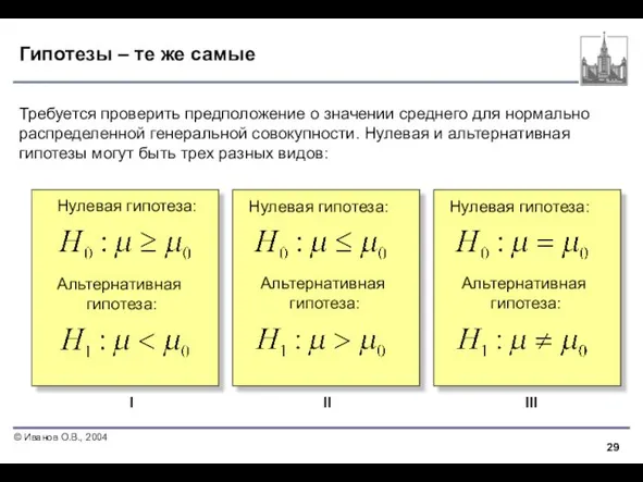 Гипотезы – те же самые Требуется проверить предположение о значении среднего для