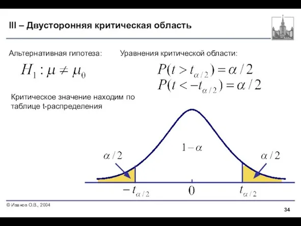 III – Двусторонняя критическая область Альтернативная гипотеза: Уравнения критической области: Критическое значение находим по таблице t-распределения