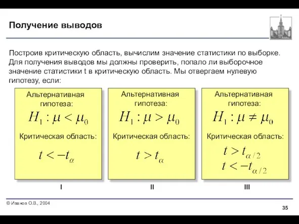 Получение выводов Построив критическую область, вычислим значение статистики по выборке. Для получения