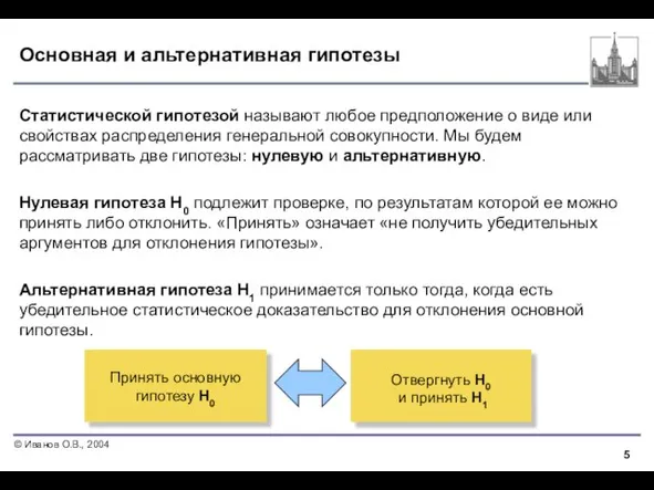 Основная и альтернативная гипотезы Статистической гипотезой называют любое предположение о виде или