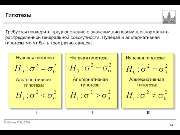 Гипотезы Требуется проверить предположение о значении дисперсии для нормально распределенной генеральной совокупности.