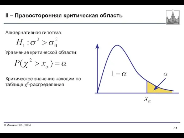 II – Правосторонняя критическая область Альтернативная гипотеза: Уравнение критической области: Критическое значение находим по таблице χ2-распределения