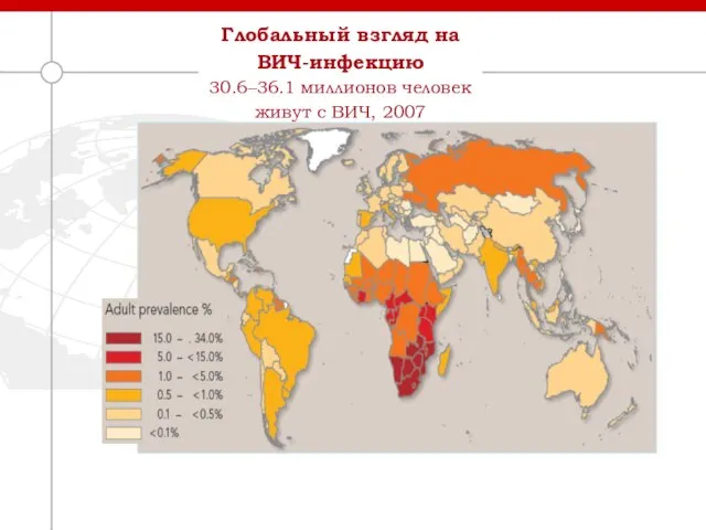 Глобальный взгляд на ВИЧ-инфекцию 30.6‒36.1 миллионов человек живут с ВИЧ, 2007