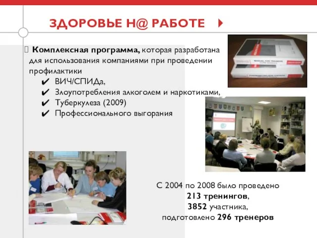 ЗДОРОВЬЕ Н@ РАБОТЕ Комплексная программа, которая разработана для использования компаниями при проведении