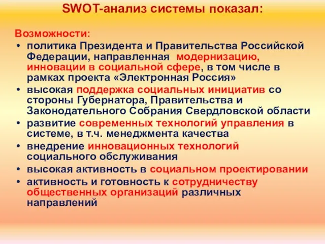 Возможности: политика Президента и Правительства Российской Федерации, направленная модернизацию, инновации в социальной