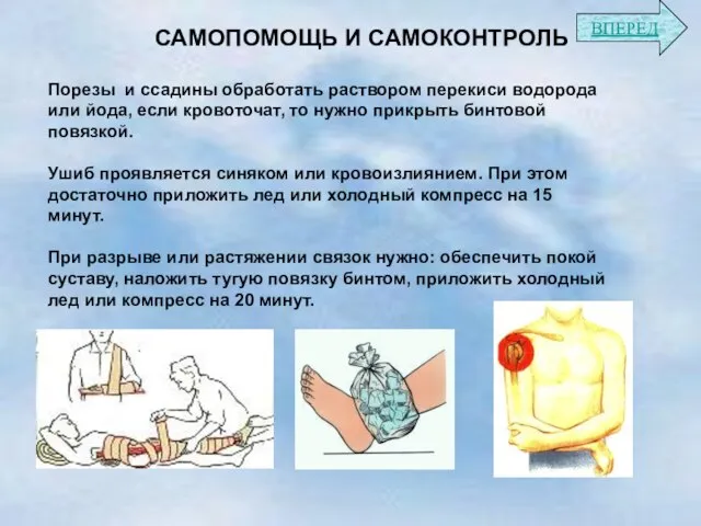 САМОПОМОЩЬ И САМОКОНТРОЛЬ Порезы и ссадины обработать раствором перекиси водорода или йода,