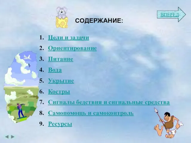 СОДЕРЖАНИЕ: Цели и задачи Ориентирование Питание Вода Укрытие Костры Сигналы бедствия и