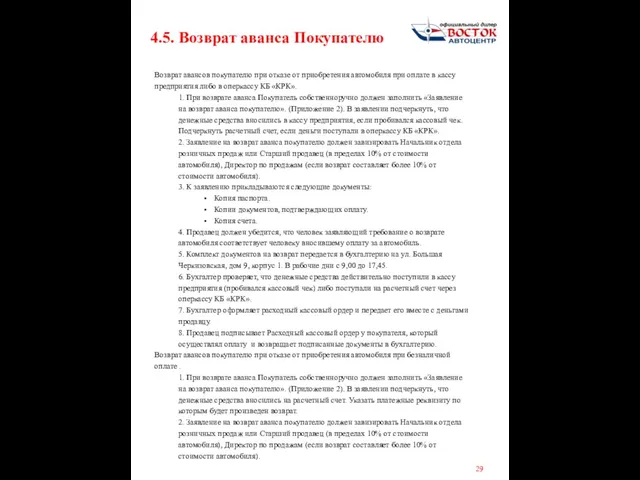 4.5. Возврат аванса Покупателю Возврат авансов покупателю при отказе от приобретения автомобиля