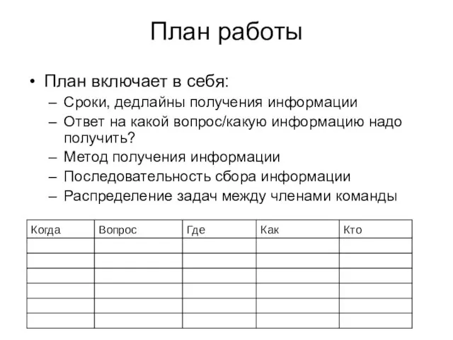 План работы План включает в себя: Сроки, дедлайны получения информации Ответ на