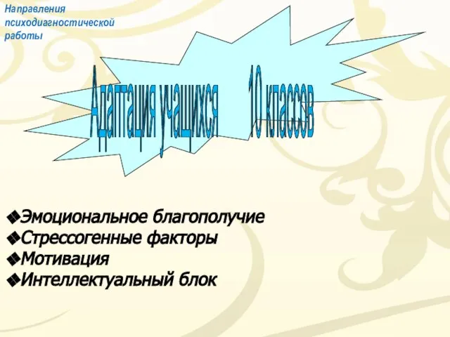 Адаптация учащихся 10 классов Эмоциональное благополучие Стрессогенные факторы Мотивация Интеллектуальный блок Направления психодиагностической работы