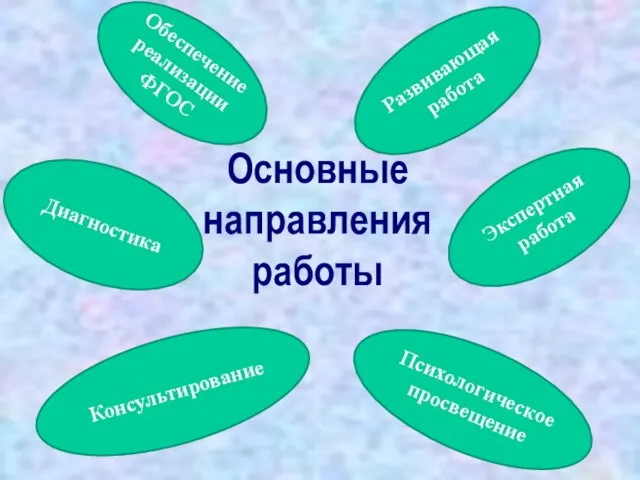 Основные направления работы Развивающая работа Консультирование Обеспечение реализации ФГОС Психологическое просвещение Диагностика Экспертная работа